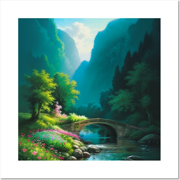 Idyllic Bridge Scenery in a Quaint Canyon Meadow Wall Art by CursedContent